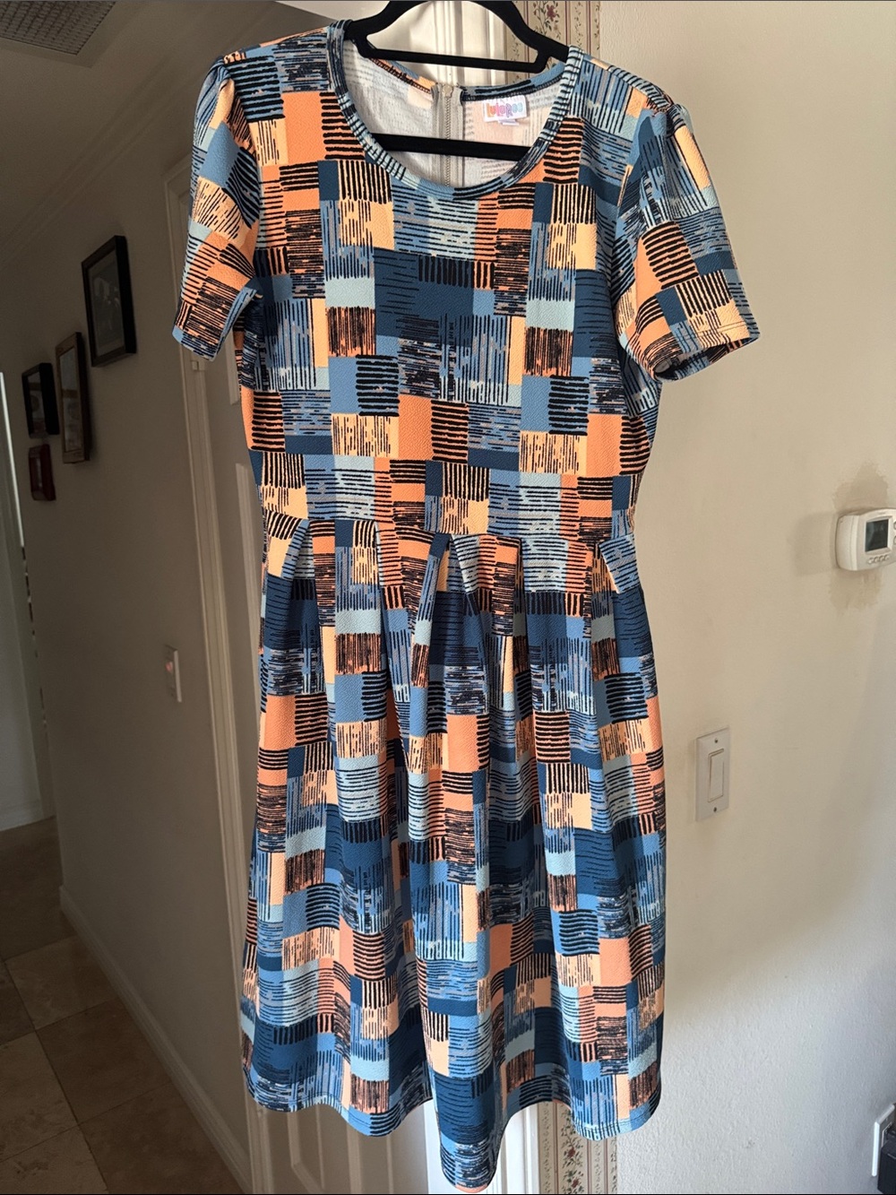 LuLaRoe Amelia Geometric Print Short Sleeve Dress - Blue & Peach